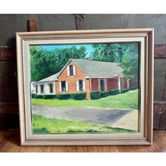 Signed and dated '96. Beautiful painting of a brick mid-century home.