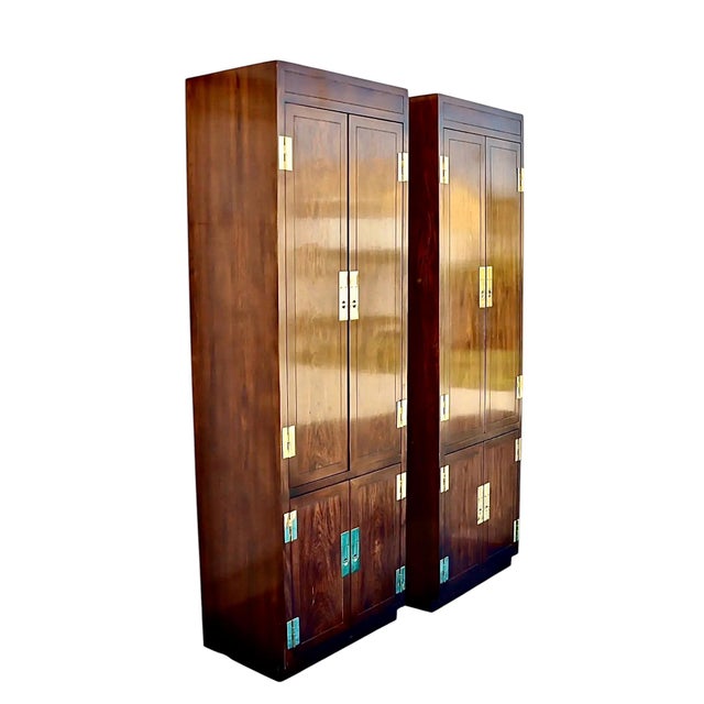 1970s Henredon Scene One Walnut Campaign Style Display Storage Cabinets. Beautiful walnut construction with striking wood...