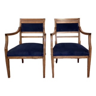 Early 20th Century Regency Revival Style Armchairs Blue Velvet Upholstery- A Pair For Sale
