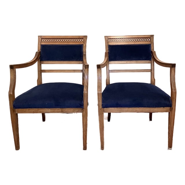 Early 20th Century Regency Revival Style Armchairs Blue Velvet Upholstery- A Pair For Sale