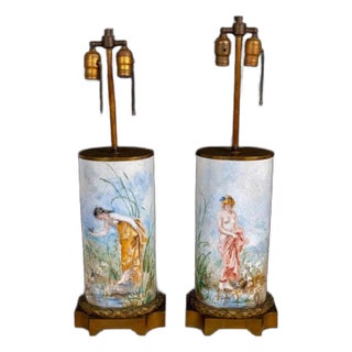 Pair of Prevost French Cylindrical Porcelain Lamps For Sale