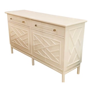 Lacquered White Chinese Chippendale Faux Bamboo Lucite Brass Credenza Buffet For Sale