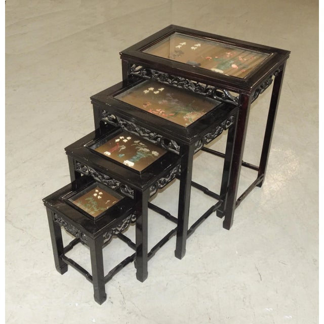 Asian Vintage Oriental Asian Black Nesting Tables W Decorative Table Tops ~ Set of Four For Sale - Image 3 of 13