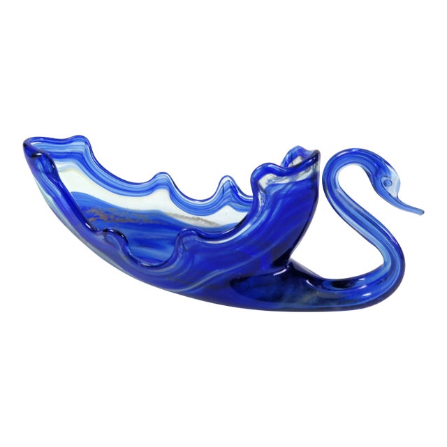 1950s Large Blue Murano Glass Swan Bowl For Sale