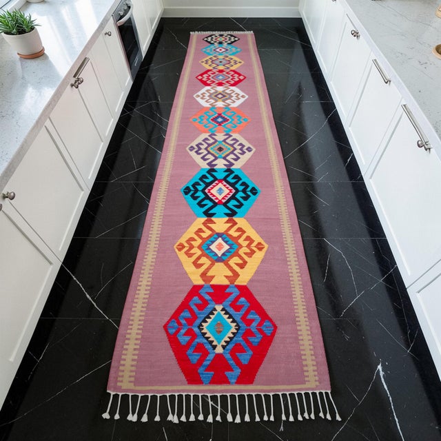 This exceptional 14-foot Oushak runner represents a contemporary masterwork from the Aegean region, meticulously hand-...
