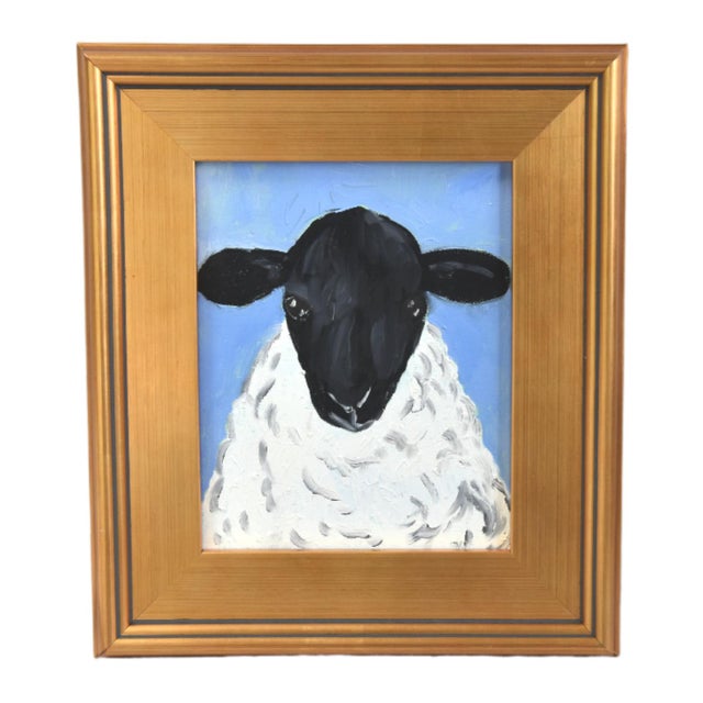 2020s Charming Folk Art Woolly Sheep Lamb Portrait Oil Painting Including the Antiqued Gold Wood Frame For Sale - Image 5 of 5