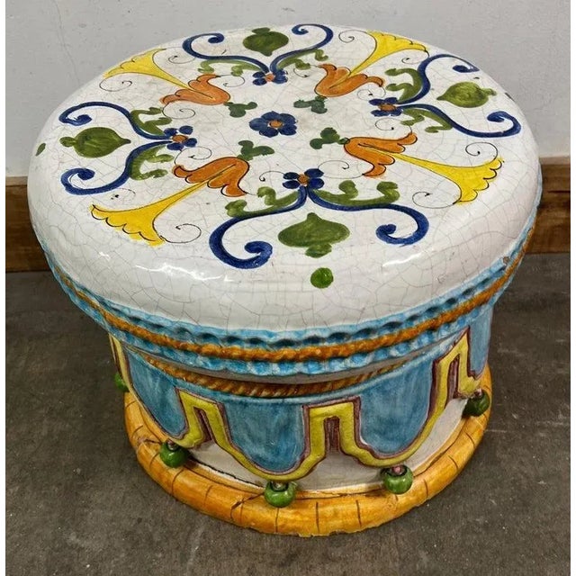 Mid 20th Century Majolica Italian Ceramic Terracotta Hand Painted Hollywood Regency Stool For Sale - Image 5 of 10