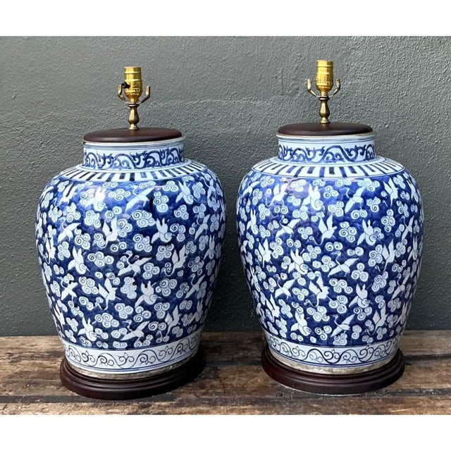 Vintage Monumental Ceramic Ginger Jar Table Lamps - Pair For Sale - Image 4 of 12