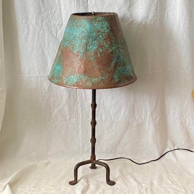 Arts & Crafts Iron Three Leg Lamp With Copper Shade For Sale - Image 3 of 11