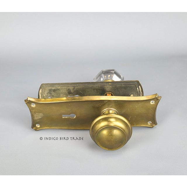 1900 - 1909 1900's Antique Arts and Crafts Bronze and Crystal Glass Front Door Handle Doorknob and Back Plates For Sale - Image 5 of 7