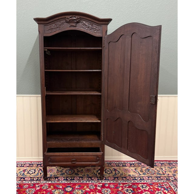 Wood Antique French Louis XV Style Armoire Cupboard Linen Cabinet Bonnetiere Oak For Sale - Image 7 of 18