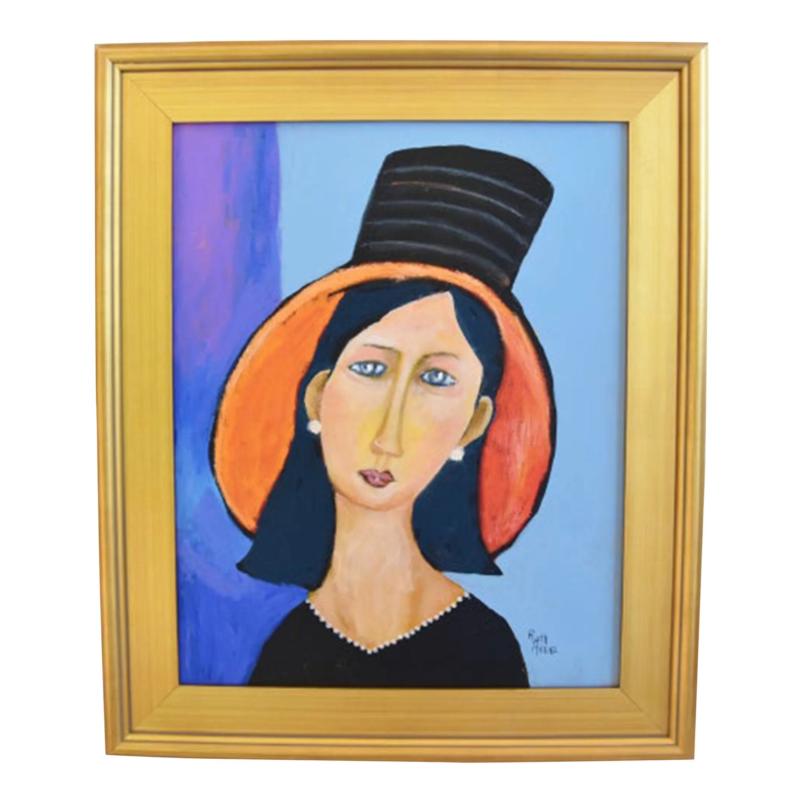 Amedeo Modigliani-Style Portrait of a Lady in Black/Orange Hat Oil ...