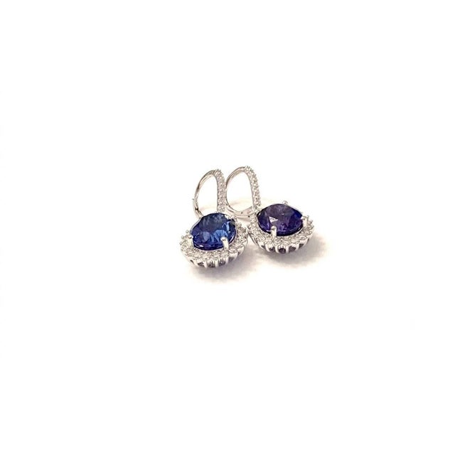 Contemporary 14k White Gold Oval Tanzanite Diamond Halo Earrings, 10.75 Ct Natural Tanzanites, A Pair For Sale - Image 3 of 3