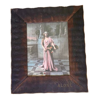 Early 20th Century Art Nouveau Arts & Crafts Hand Carved Oak Frame W/Print of Woman "Alone" Reproduction For Sale