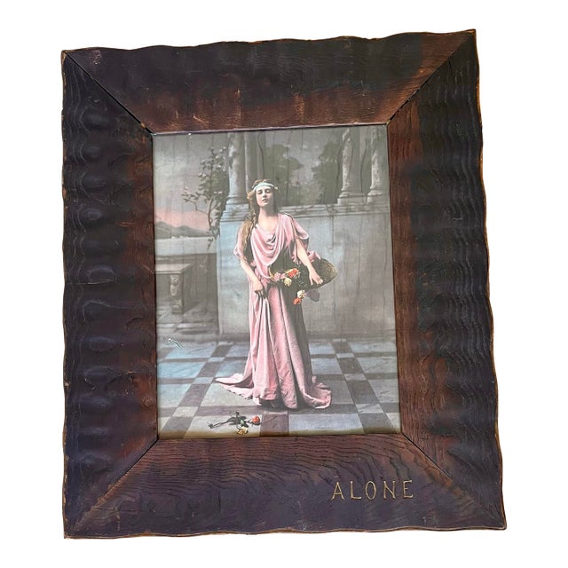 Early 20th Century Art Nouveau Arts & Crafts Hand Carved Oak Frame W/Print of Woman "Alone" Reproduction For Sale