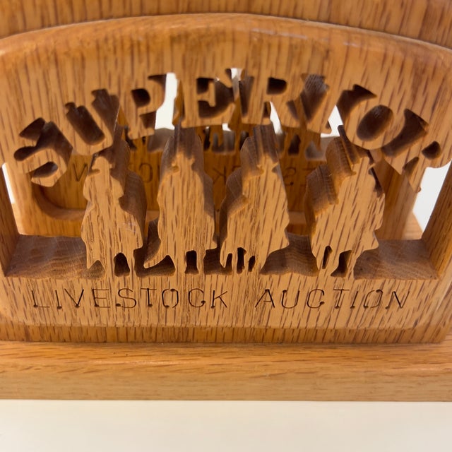 Wood Vintage Western "Superior Livestock Auction" Texas Cowboys Horses Ranching Silhouette Laser Cut Solid Oak Napkin Holder For Sale - Image 7 of 7