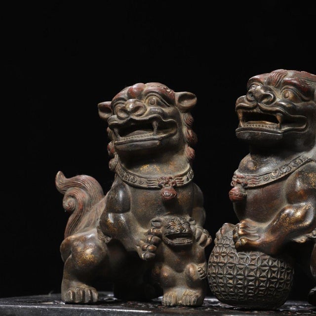 Pair of Vintage Chinese Gilt Bronze Foo Dogs – Buddhist Guardian Lions With Brocade Ball For Sale - Image 9 of 11