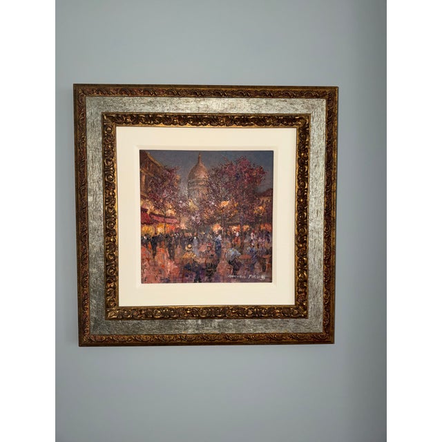 Original oil painting by Maxwell Parsons depicting a lively Parisian café scene with the iconic dome of Sacré-Cœur rising...