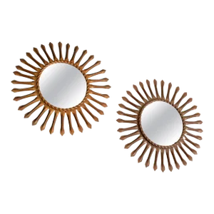 Set, Two Sunburst Wall Mirror in Gold Brass Finish Signed Chaty Vallauris, 1960 - A Pair