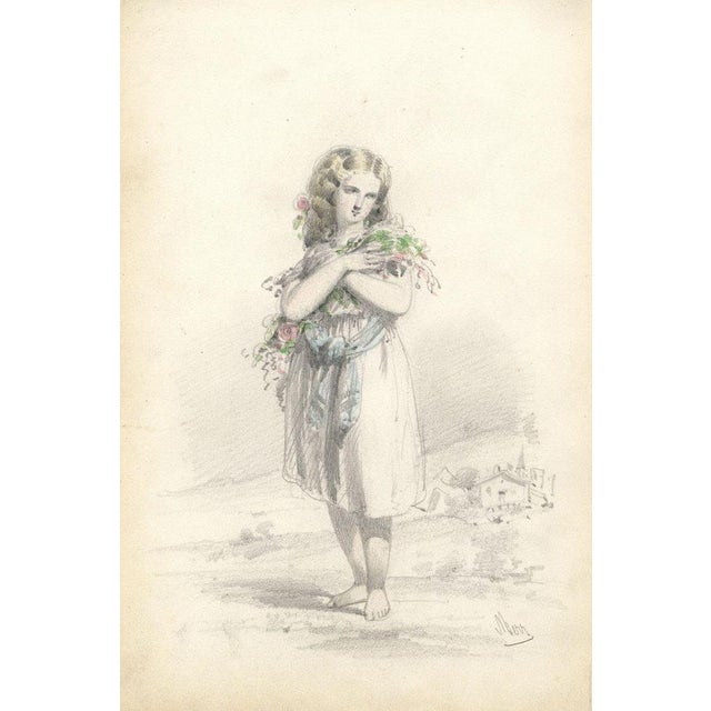 Berr, Flower Girl, Mid 19th Century, Graphite Drawing For Sale - Image 3 of 3