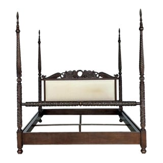 Vintage British Colonial Carved King Poster Bed For Sale