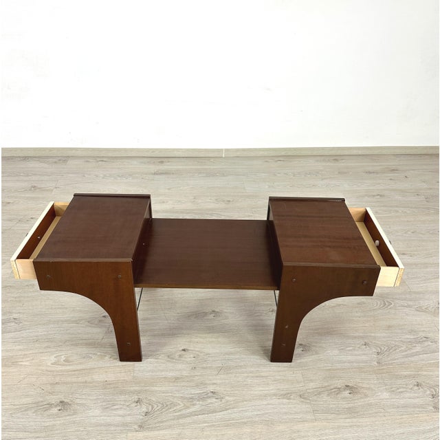 Dimensions: H 18” x W 42.5” x D 18” Lower shelf – H 14” Italian Space Age two-tone side table with two side drawers,...