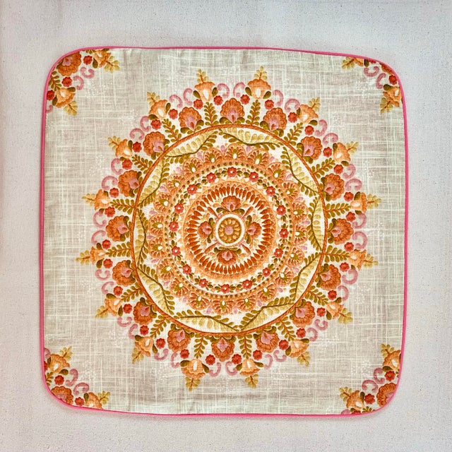 Contemporary Designer Richloom Cream Green Orange Pink Botanical Floral Geometric Circle Medallion Suzani Pillow Covers- 20" Pair For Sale - Image 3 of 6