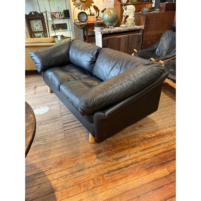 Scandinavian Midcentury Modern Black Leather Sofa by Stouby For Sale In Philadelphia - Image 6 of 17