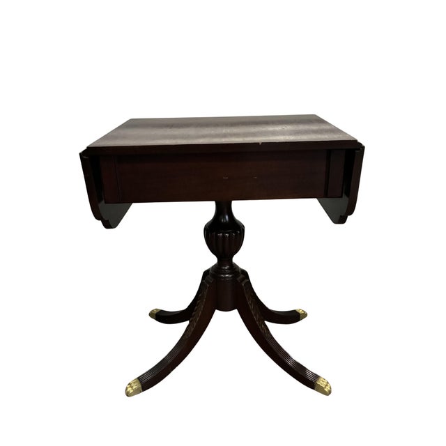 Wood Antique English Regency Style Mahogany Drop Leaf Pedestal Side Table With Drawer For Sale - Image 7 of 10