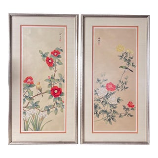 1970s Hand-painted silk panels Chinoiserie birds and flowering branches w/ glare-free glass stamped signed - Set of 2 Framed For Sale