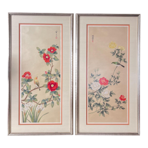 1970s Hand-painted silk panels Chinoiserie birds and flowering branches w/ glare-free glass stamped signed - Set of 2 Framed