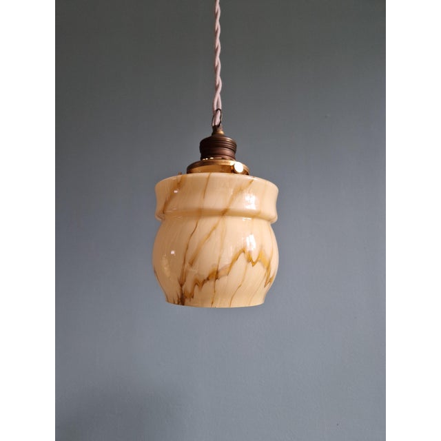 Art Deco Pendant Lights in Opaline and Marbled Uranium Glass from Scailmont, Belgium, 1930s, Set of 3 For Sale - Image 11 of 18