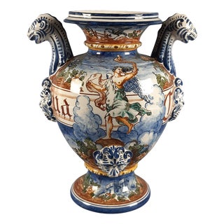 Large Vintage Historiated Polychrome Majolica Vase with Zoomorphic Handles from Albissola, 20th Century For Sale