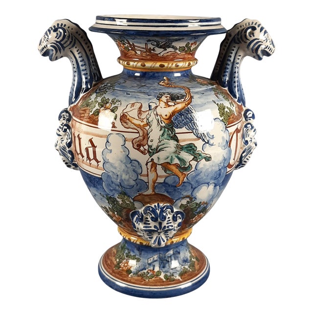 Large Vintage Historiated Polychrome Majolica Vase with Zoomorphic Handles from Albissola, 20th Century For Sale