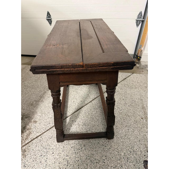 Antique Baroque Revival Carved Oak Flip-Top Games / Writing Table With Leather Inset For Sale - Image 4 of 7