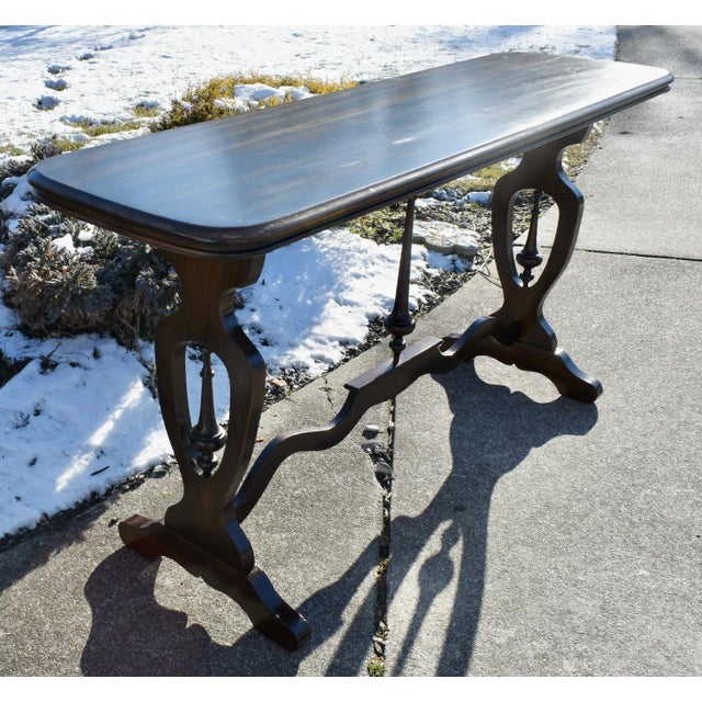 Walnut Jacobean Style Console Sofa Table Vintage 1950s Trestle Base 60 For Sale - Image 4 of 13