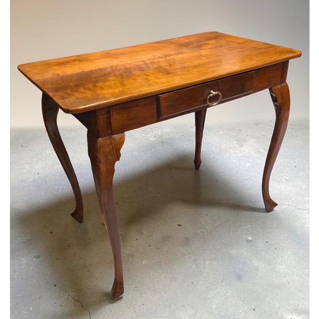 Antique Provincial Queen Anne Cabriole-Leg Writing Table in Warm Patinated Wood With Brass Ring Pull, Circa 1780–1830 For Sale - Image 15 of 17