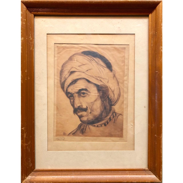 Art Nouveau Jacob Eisenberg, Bezalel School Jerusalem, Middle Eastern Arab Man in Turban Circa 1920s Etching, c.1930 For Sale - Image 3 of 7