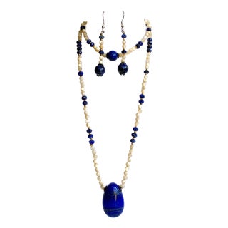 Artisan Lapis Lazuli & Mother of Pearl Sterling Silver Three Piece Jewelry Parure Set For Sale