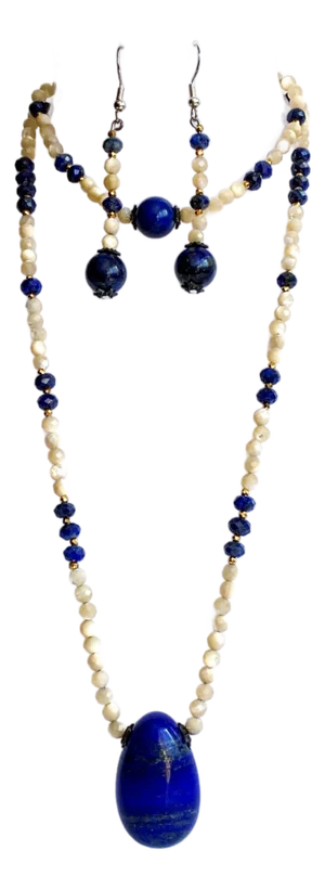 Artisan Lapis Lazuli & Mother of Pearl Sterling Silver Three Piece Jewelry Parure Set