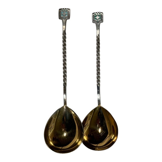 1970s Estonian Tallinn 916 Silver-Gilt & Enamel Serving Spoons – Pair For Sale