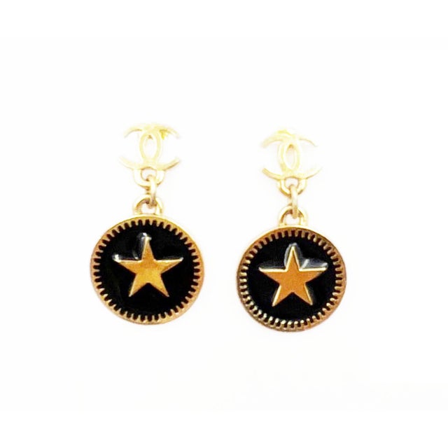 Chanel Vintage Gold Plated CC Star Round Black Coin Dangle Piercing Earrings *Marked 01 *Made in France -It is...