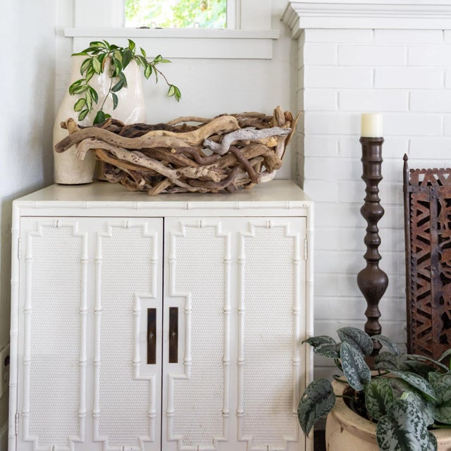 This Folk Art driftwood basket or bowl is shaped like a boat and has an organic, sculptural quality. Its oversized, oblong...