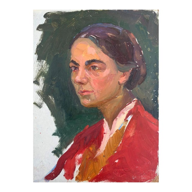 1960s Portrait Oil Painting, Ukrainian Art on Cardboard 32-23 For Sale
