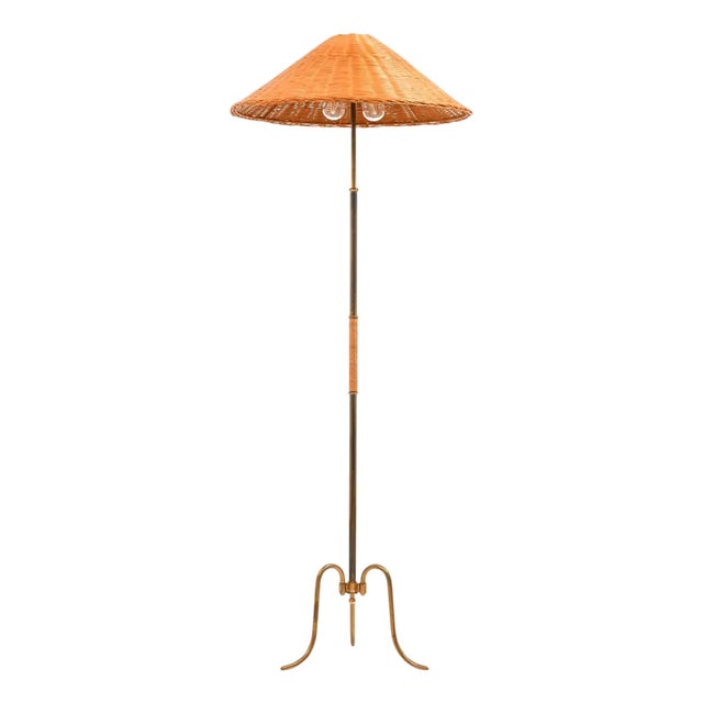 Height Adjustable Floor Lamp in Brass, Woven Cane and Rattan Shade, 1940s For Sale