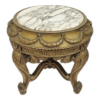 French Mid 19th C Louis XV Style Gilt Carved Marble Top Tabouret Pedestal Table For Sale