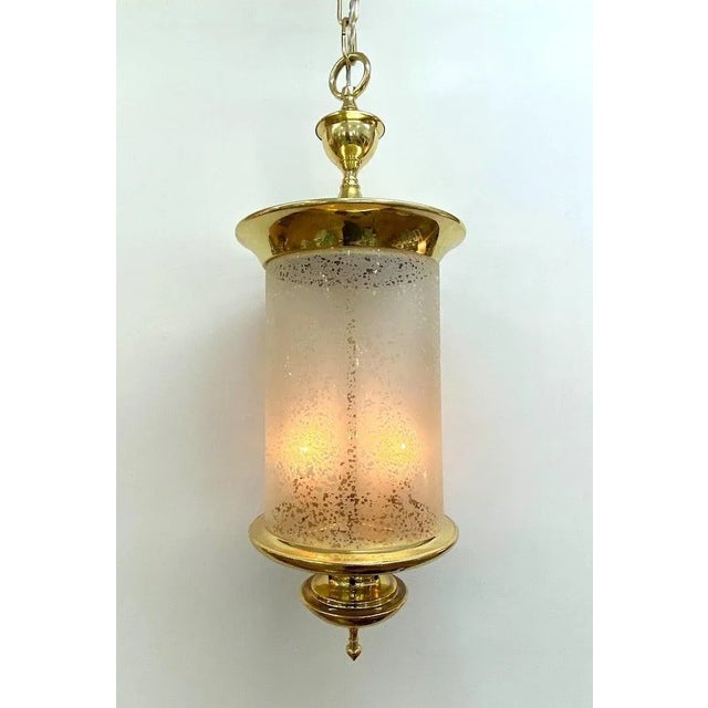 Mid-Century Modern Italian 1950s Brass Lantern With Acid Etched Blown Glass Shade For Sale - Image 3 of 12