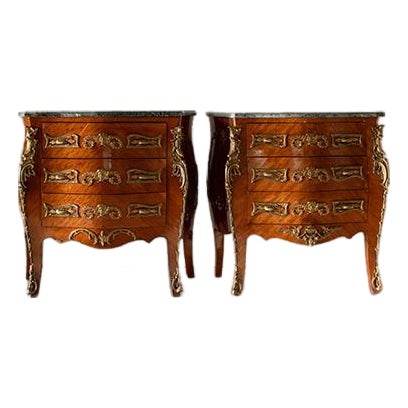 Pair Vintage French Louis XV Bombé Chests, Marble Top Commode Nightstands For Sale