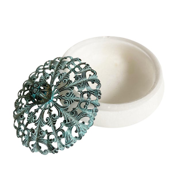 1980s Vintage Alabaster Copper Filigree Trinket Jar For Sale - Image 5 of 6