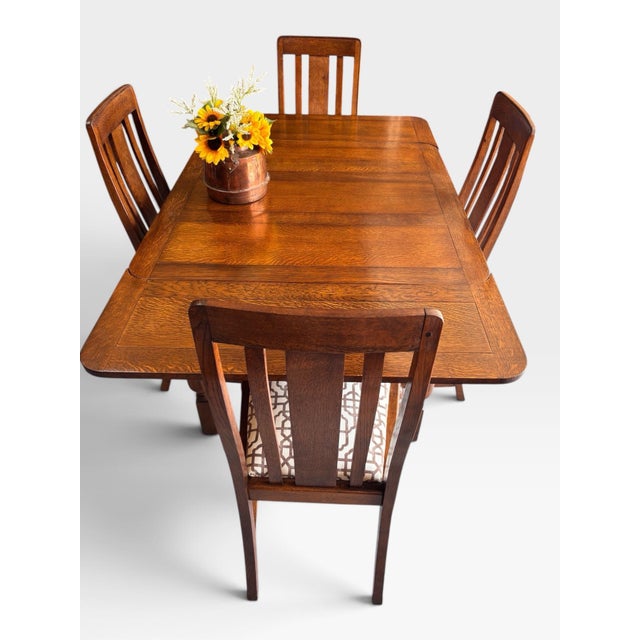 1930s Fully Restored 1930s Draw Leaf Table. Quarter Sawn Solid Oak With Original Matching Chairs - Set of 4 Chairs For Sale - Image 5 of 11